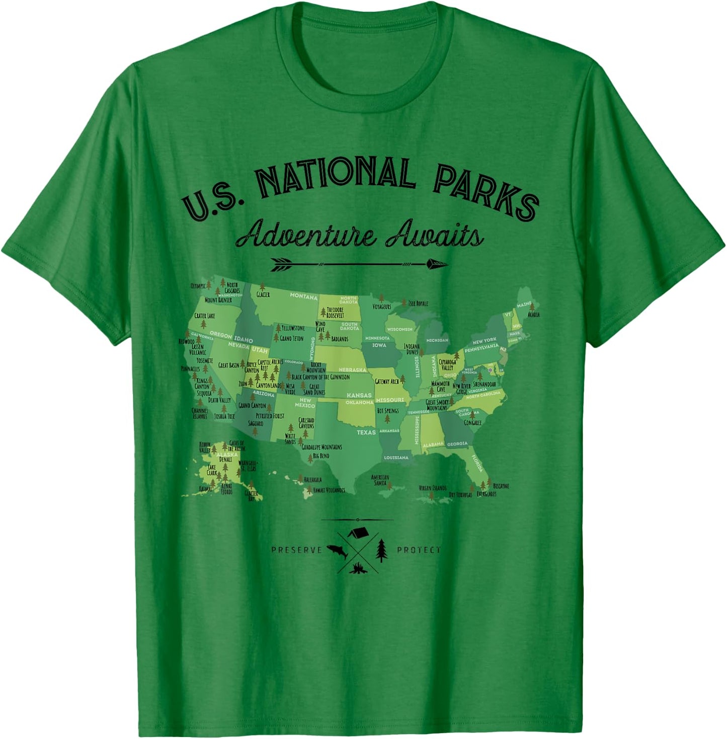 63 National Parks Map US Park Retro Vintage Camping Hiking T-Shirt - T-Shirt | Irish Green