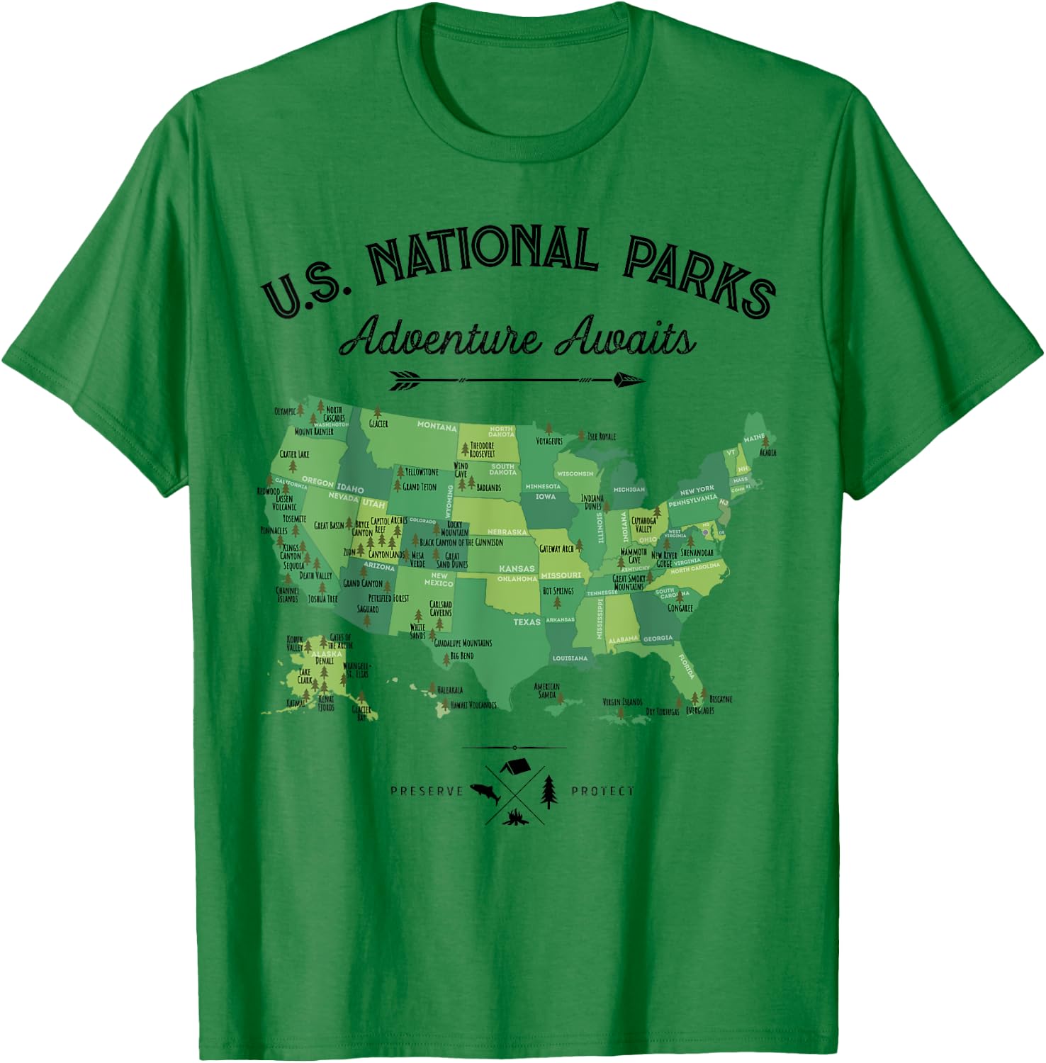 63 National Parks Map US Park Retro Vintage Camping Hiking T-Shirt - T-Shirt | Irish Green