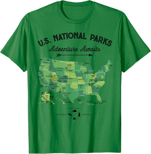 63 National Parks Map US Park Retro Vintage Camping Hiking T-Shirt - T-Shirt | Irish Green