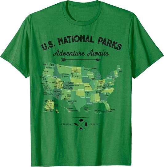 63 National Parks Map US Park Retro Vintage Camping Hiking T-Shirt - T-Shirt | Irish Green