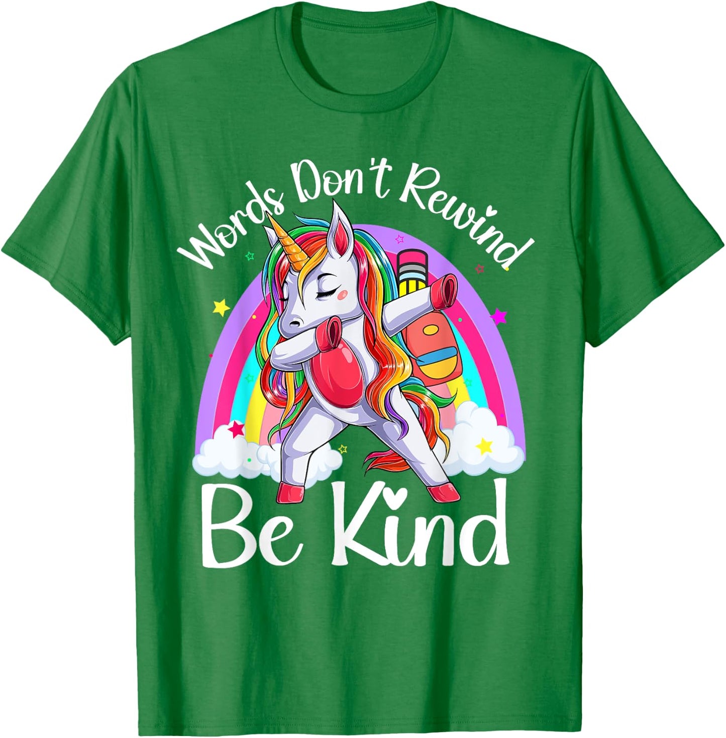 Unity Day Orange Unicorn Rainbow Be Kind Words Don't Rewind T-Shirt - T-Shirt | Irish Green