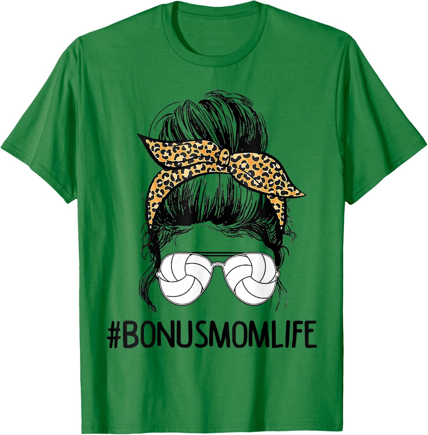 Volleyball Bonus Mom Life Messy Bun Leopard Mother’s Day T-Shirt - T-Shirt | Irish Green