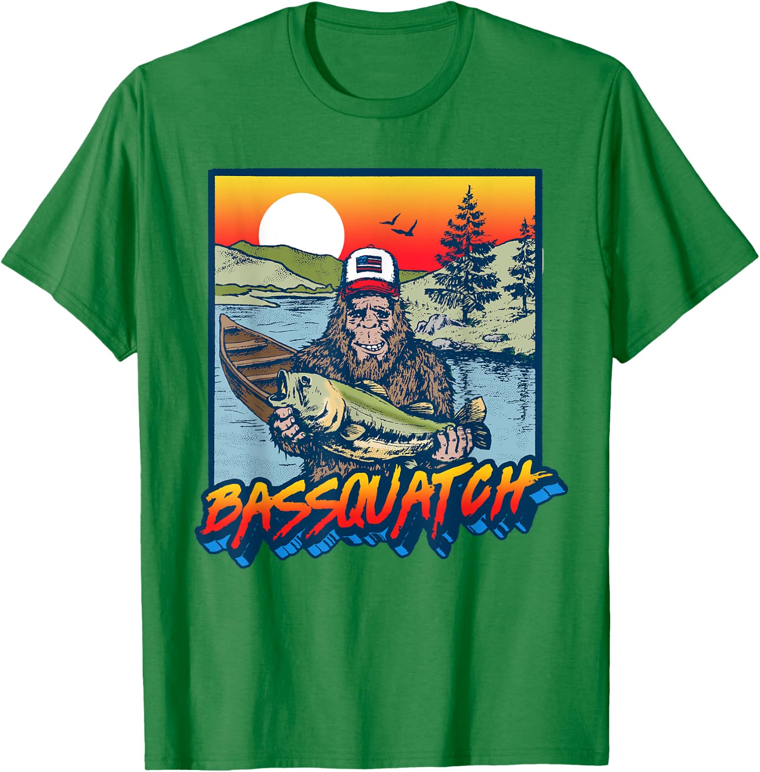 Bassquatch! Funny Bass Fishing Sasquatch Retro 80s T-Shirt - T-Shirt | Irish Green