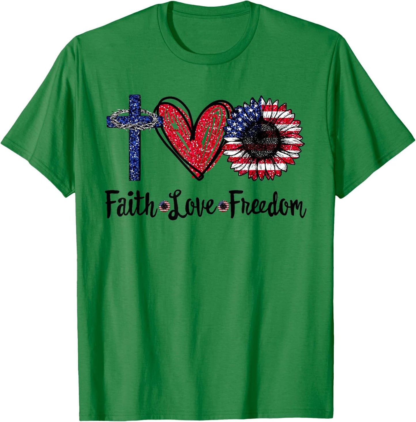 Faith Love Freedom Sunflower Jesus American Flag 4th of July T-Shirt - T-Shirt | Irish Green