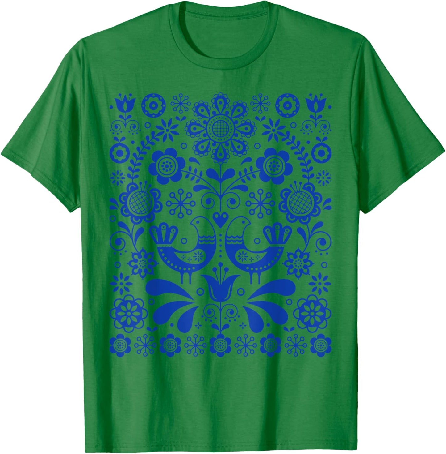 Scandinavian Folk Art Botanical Bird Lover Gift T-Shirt - T-Shirt | Irish Green