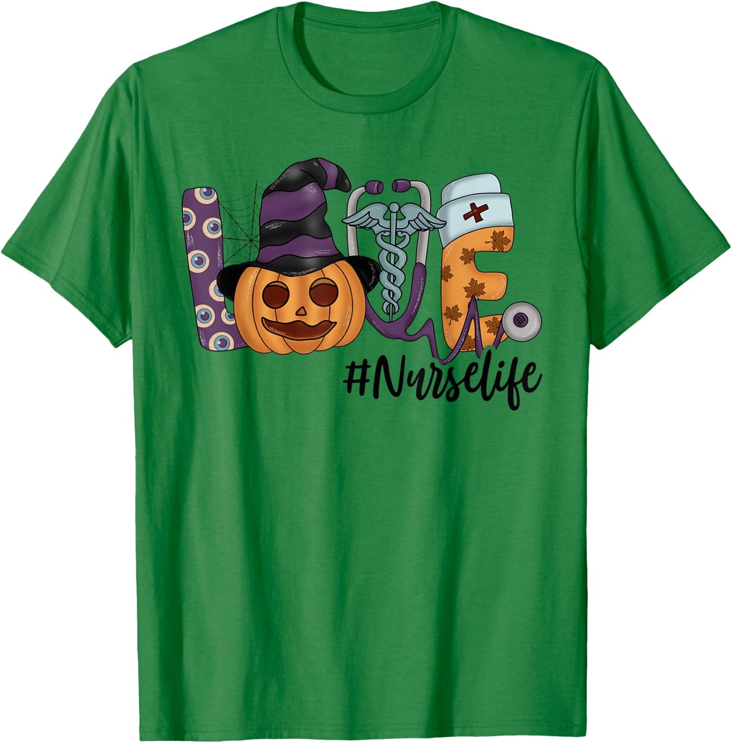Halloween Love Nurse Stethoscope Pumpkin Health Worker T-Shirt - T-Shirt | Irish Green
