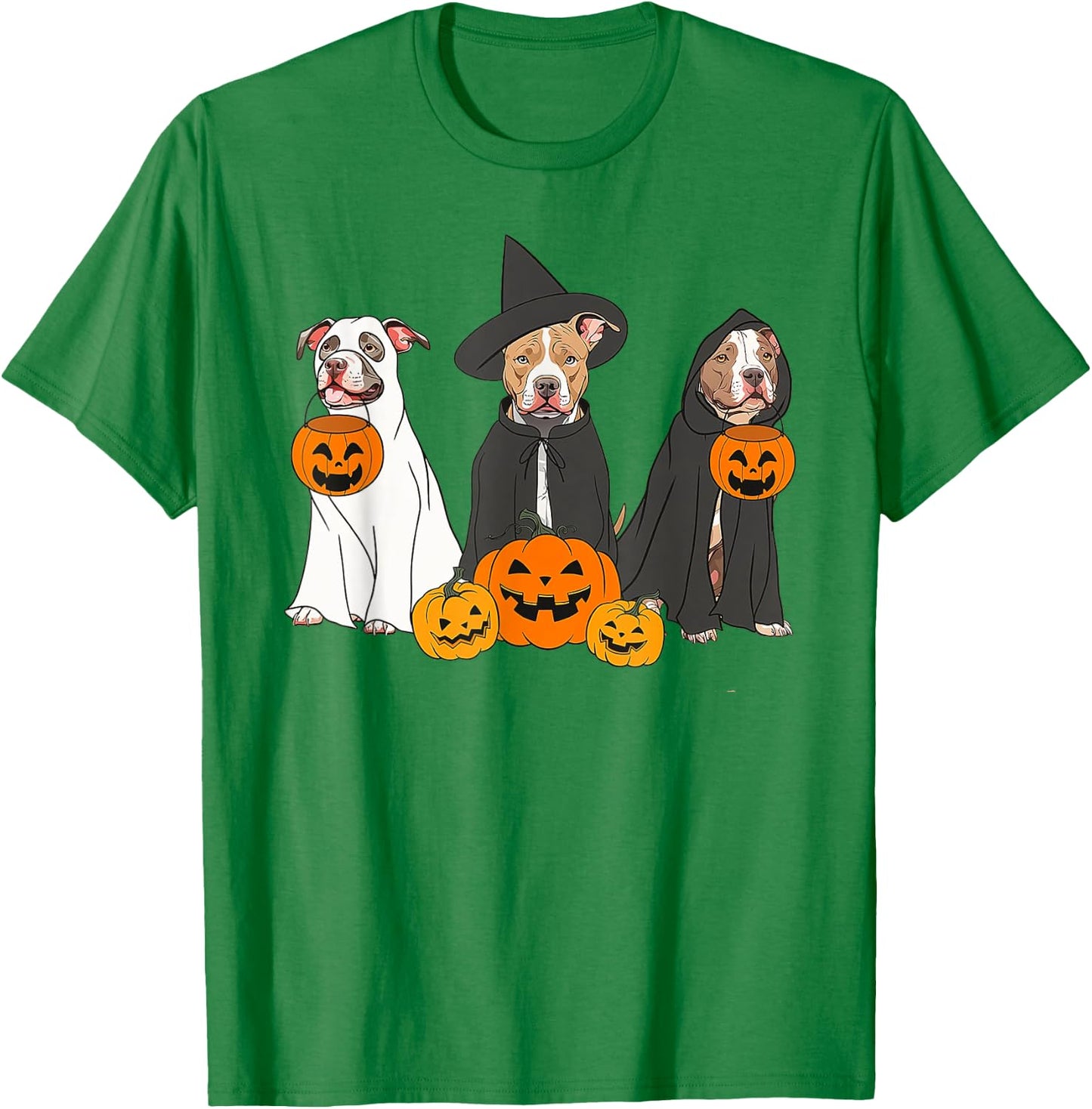 Ghost And Witch Pit Bull Funny Pit Bull Ghost Halloween T-Shirt - T-Shirt | Irish Green