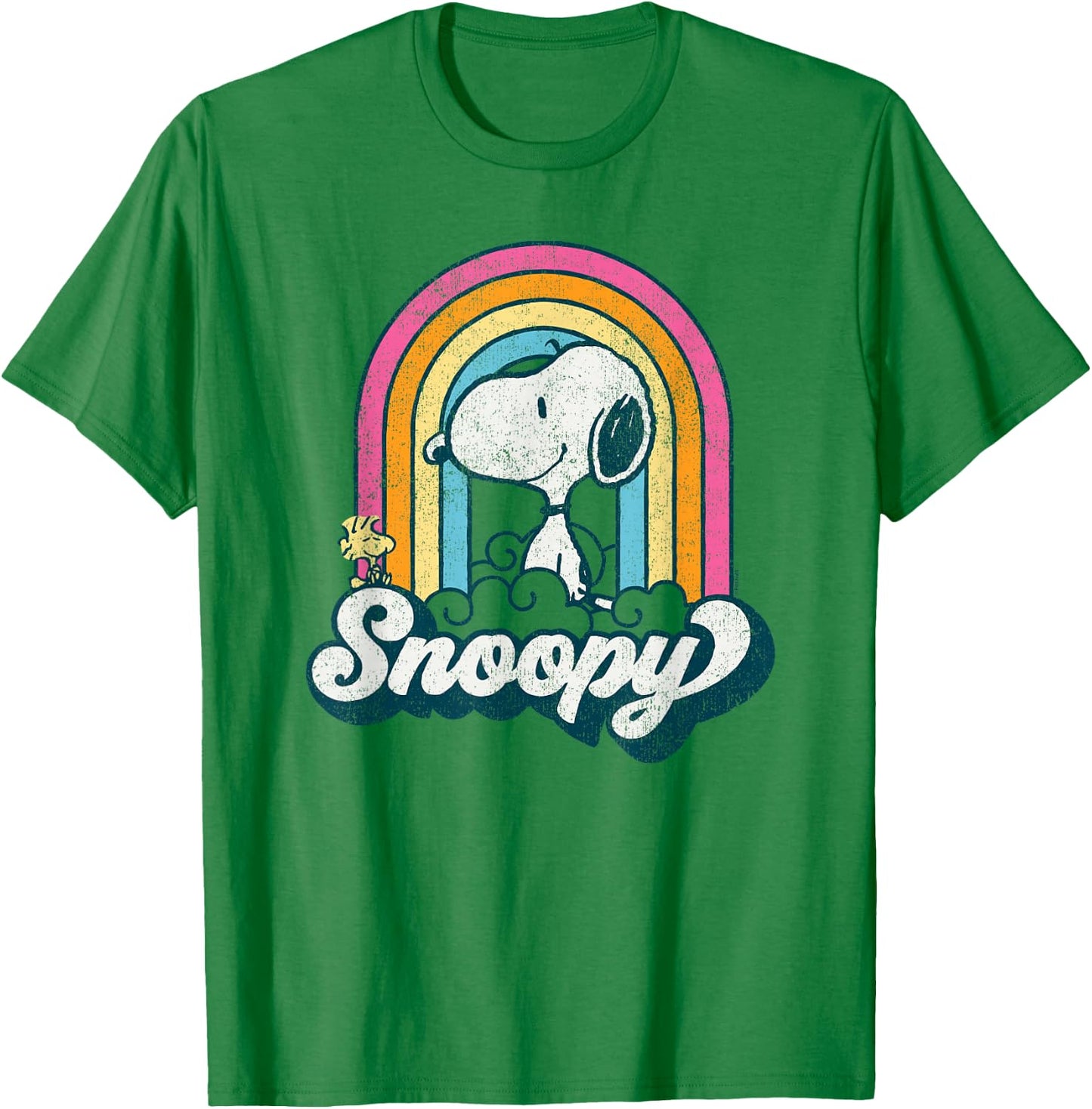 Peanuts - Snoopy Woodstock Retro Rainbow Cloud T-Shirt - T-Shirt | Irish Green