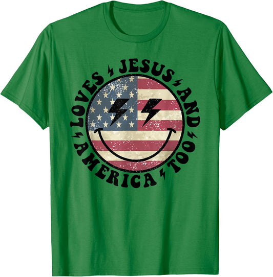 Loves Jesus and America Too God Christian 4th of July retro T-Shirt - T-Shirt | Irish Green