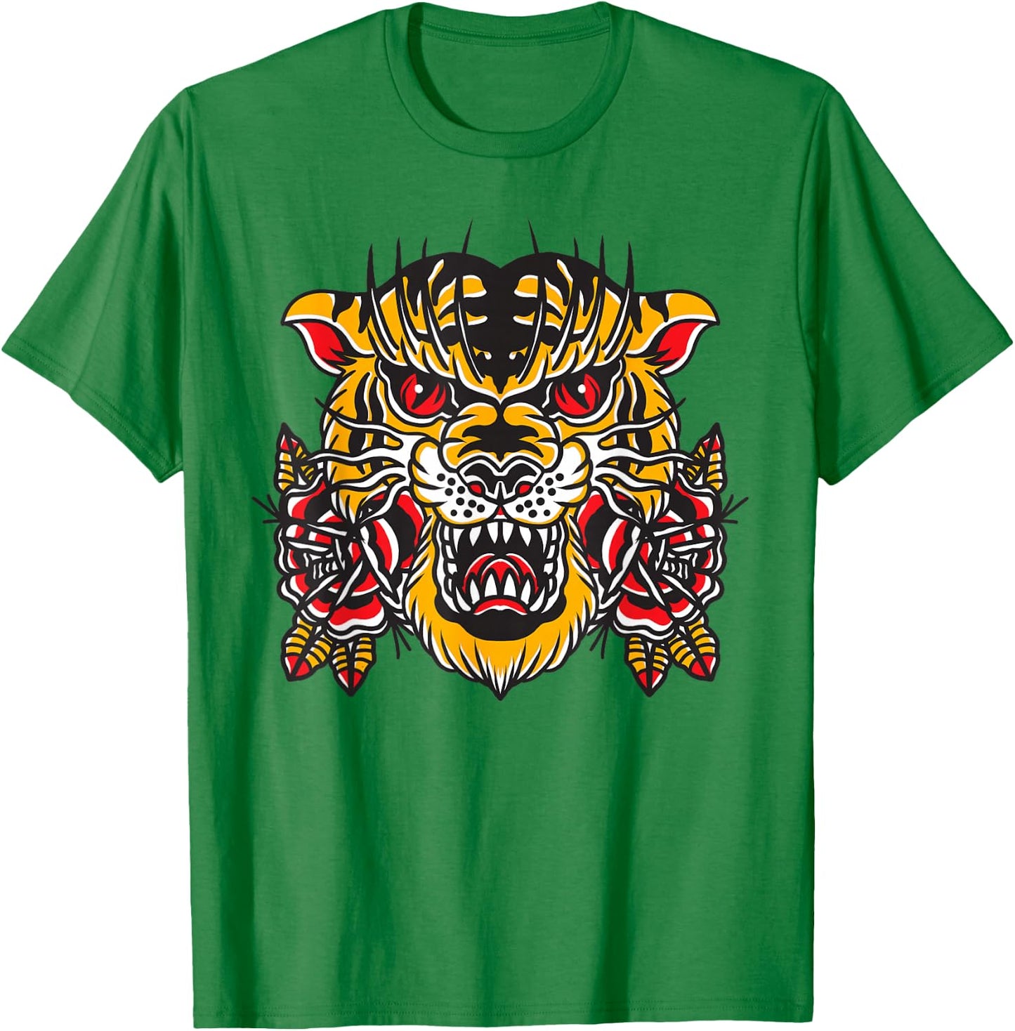 American Traditional Tattoo Flash Tiger Flower Old School T-Shirt - T-Shirt | Irish Green