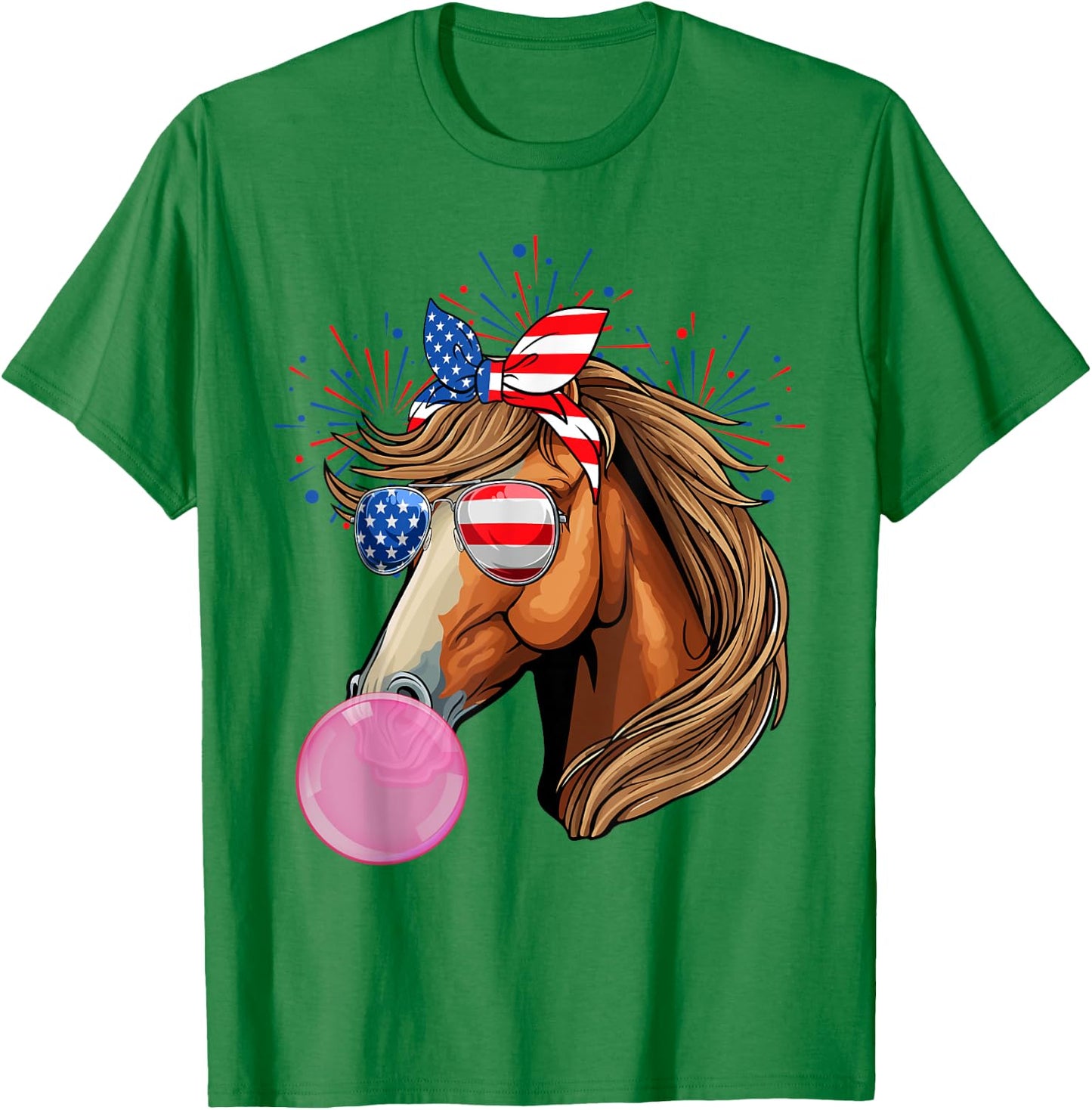 Horse Blowing Bubble Gum USA Flag Sunglasses Indepedence Day T-Shirt - T-Shirt | Irish Green