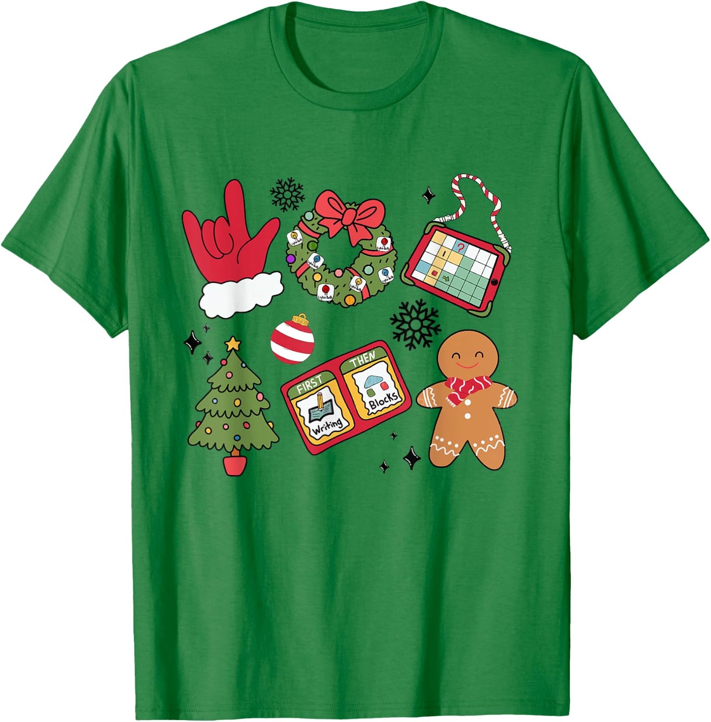 Women Groovy Christmas Special Education Teacher ABA AAC T-Shirt - T-Shirt | Irish Green