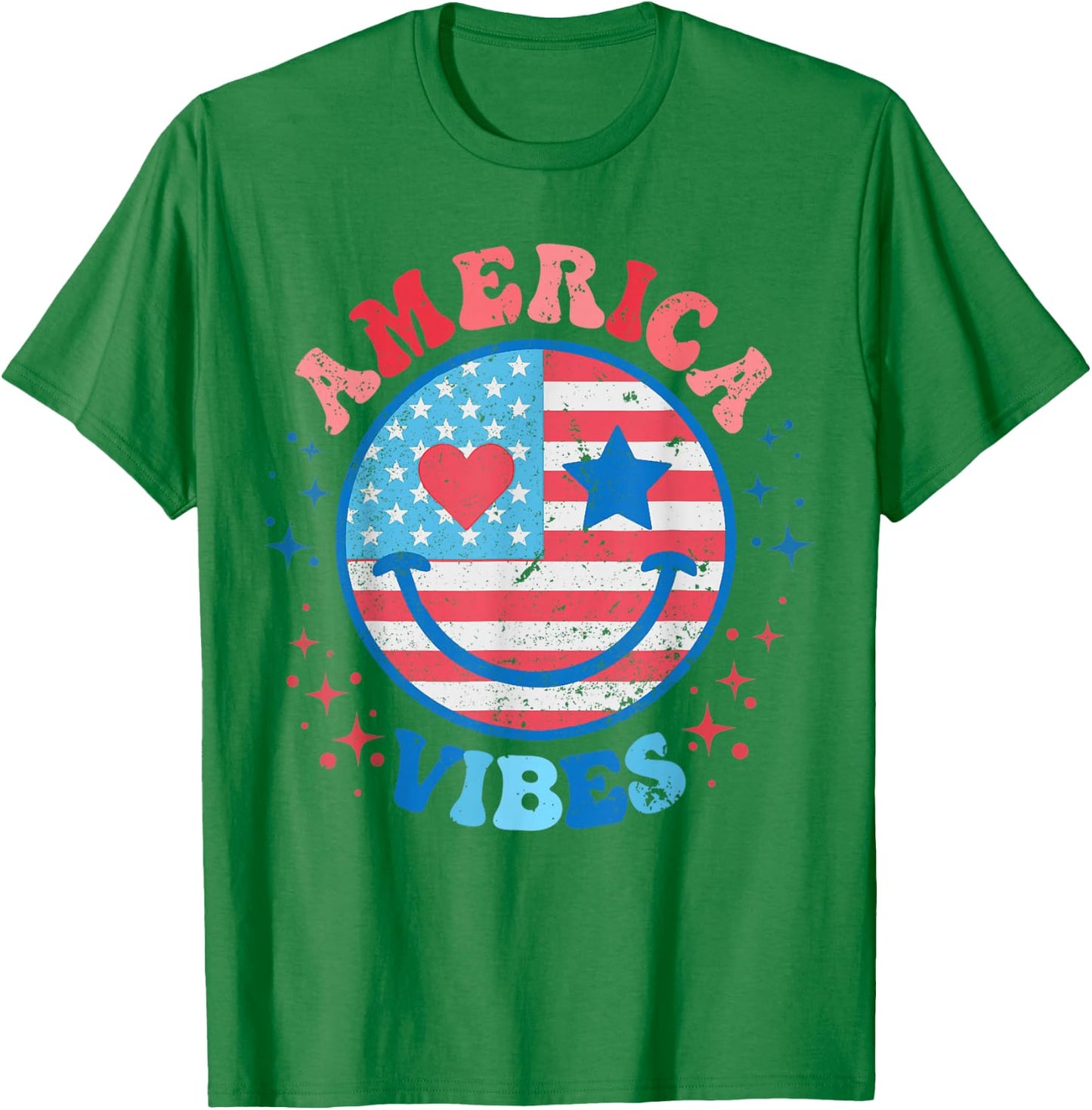 America Vibes Smile Face American Flag 4th of July Groovy T-Shirt - T-Shirt | Irish Green