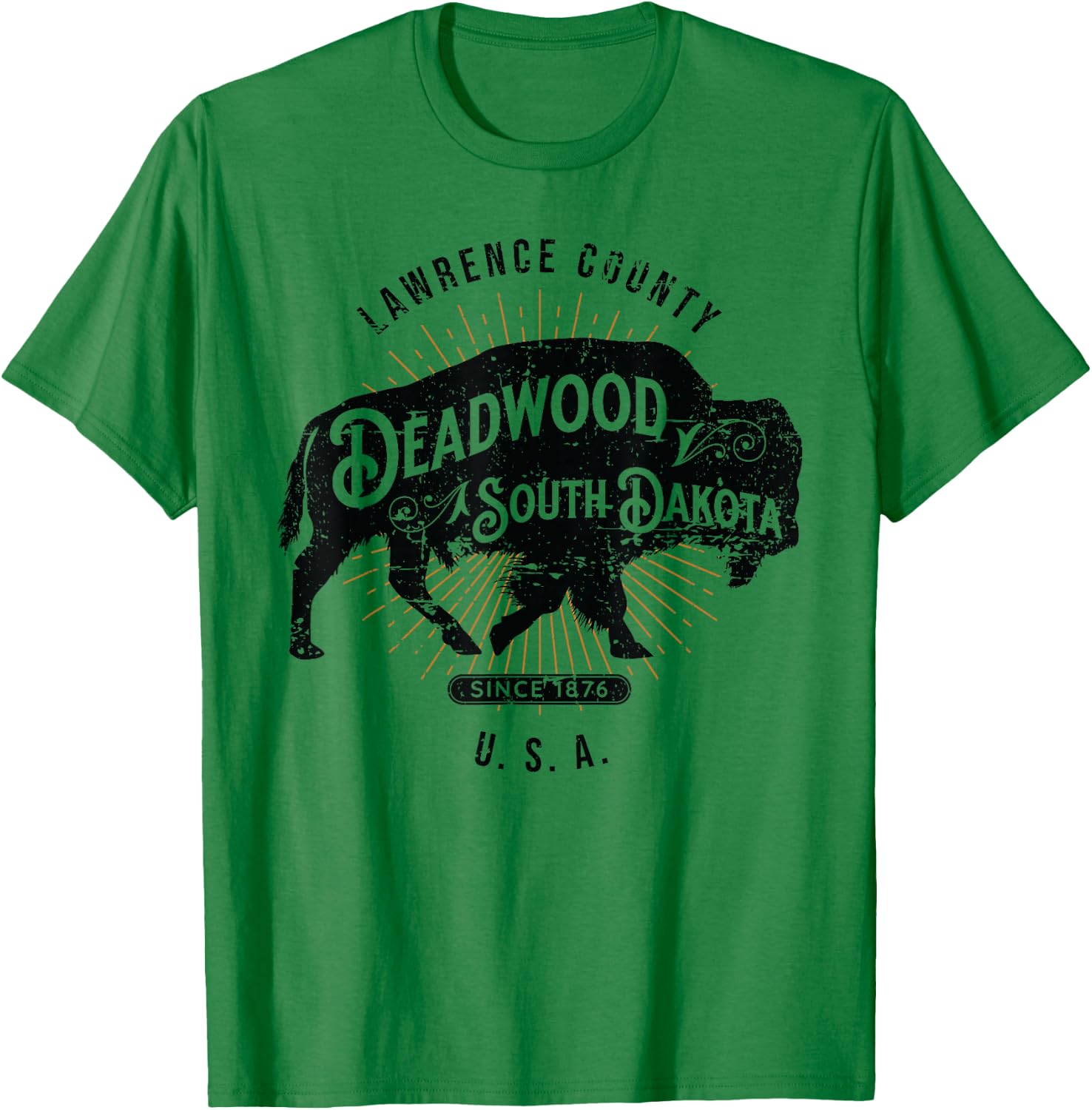 Deadwood South Dakota USA Distressed Bison Design Souvenir T-Shirt - T-Shirt | Irish Green