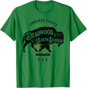 Deadwood South Dakota USA Distressed Bison Design Souvenir T-Shirt - T-Shirt | Irish Green
