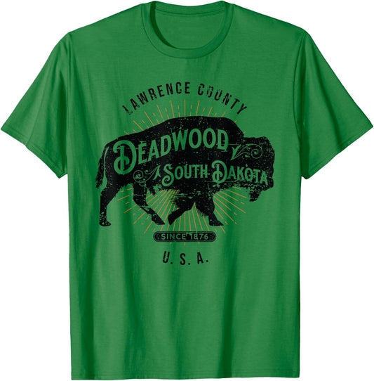 Deadwood South Dakota USA Distressed Bison Design Souvenir T-Shirt - T-Shirt | Irish Green
