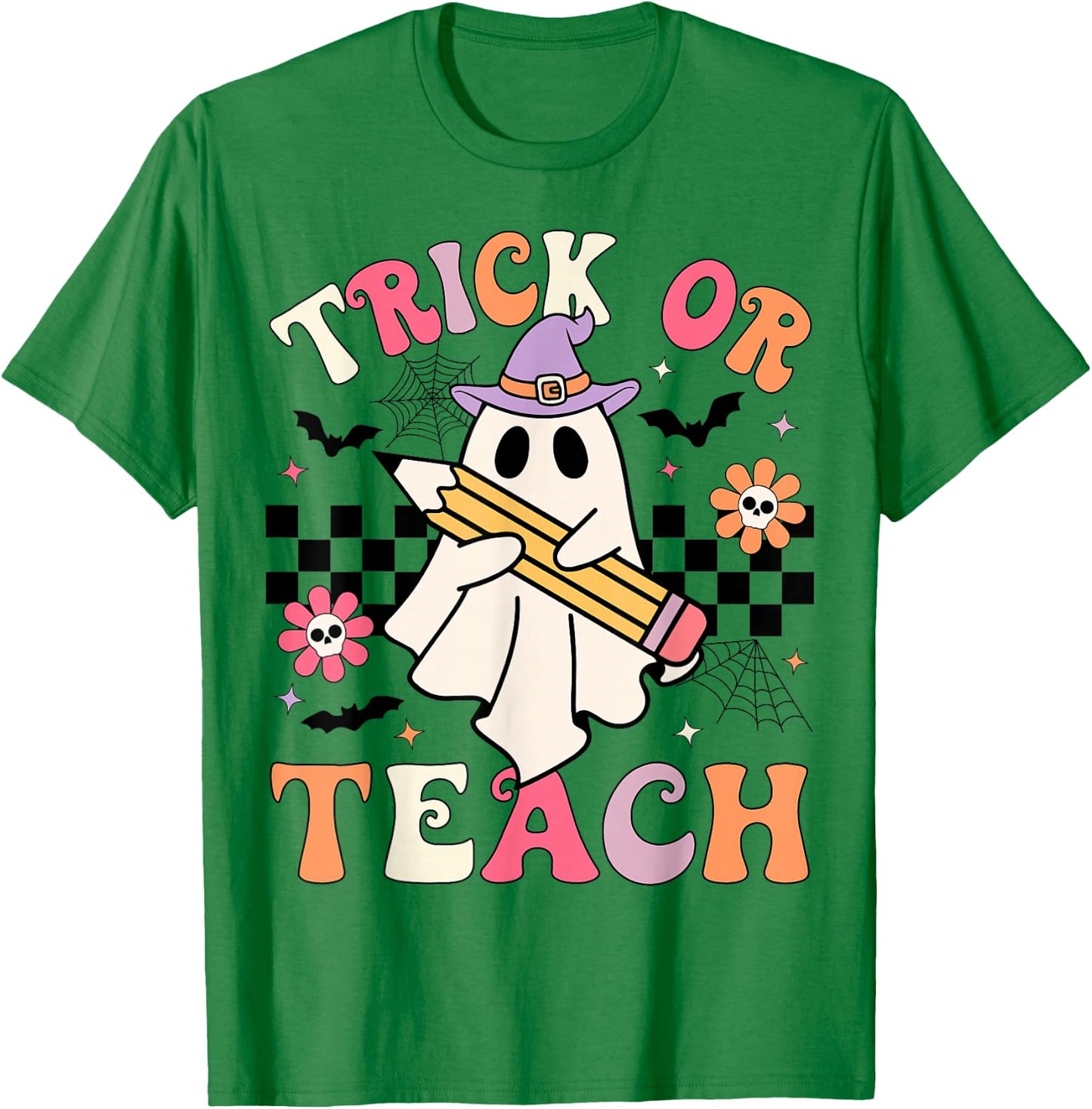 Trick Or Teach Groovy Teacher Halloween Retro Floral Ghost T-Shirt - T-Shirt | Irish Green