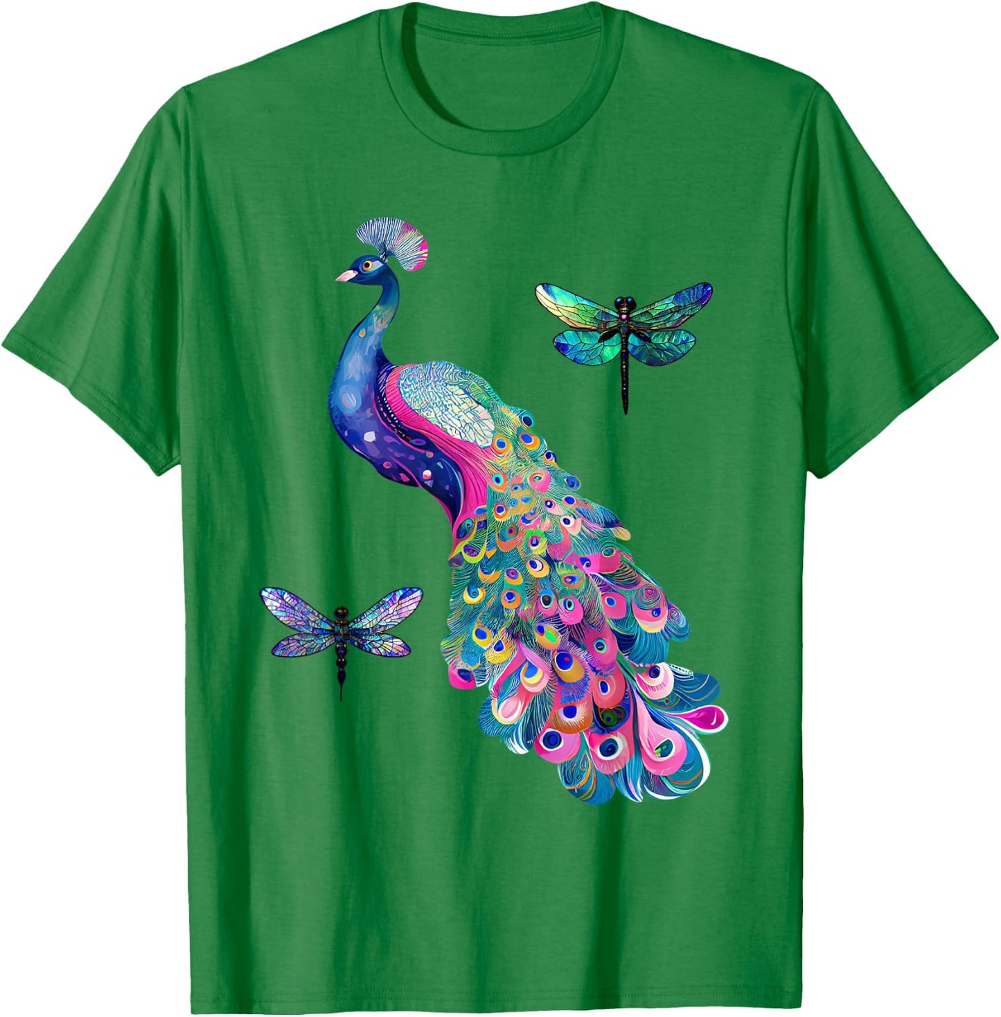 Colorful Peacock Feathers Dragonflies Graphic Art Design T-Shirt - T-Shirt | Irish Green