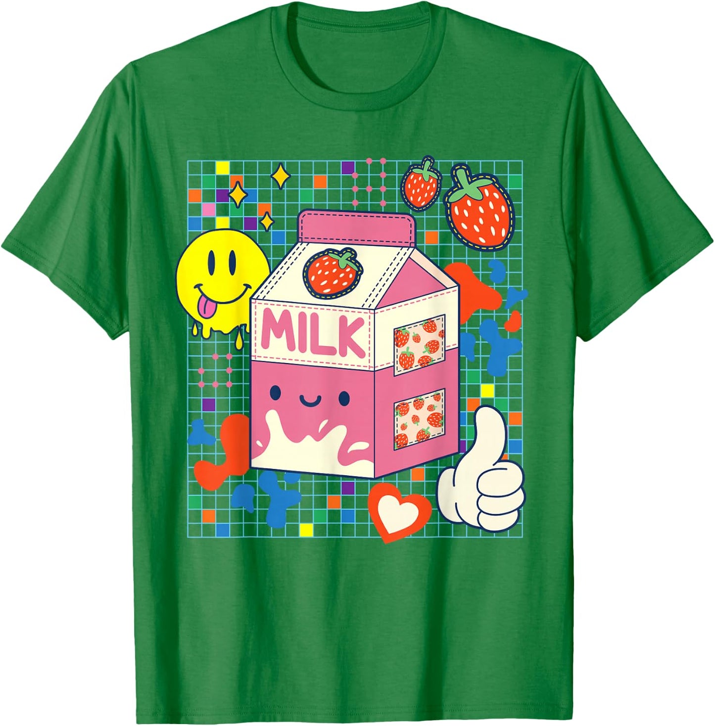 Kidcore Aesthetic Strawberry Milk Fabric Patches Decora Kei T-Shirt - T-Shirt | Irish Green