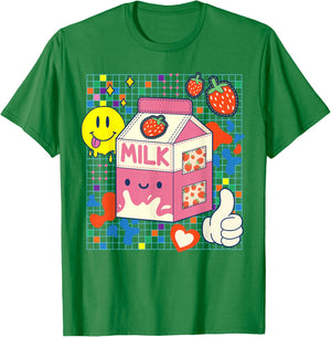 Kidcore Aesthetic Strawberry Milk Fabric Patches Decora Kei T-Shirt - T-Shirt | Irish Green