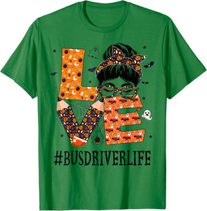 Bus Driver Love Messy Bun Pumpkin Women Halloween Costume T-Shirt - T-Shirt | Irish Green