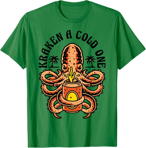 Island Beach Style Kraken a Cold One Octopus Beer Vacation T-Shirt - T-Shirt | Irish Green