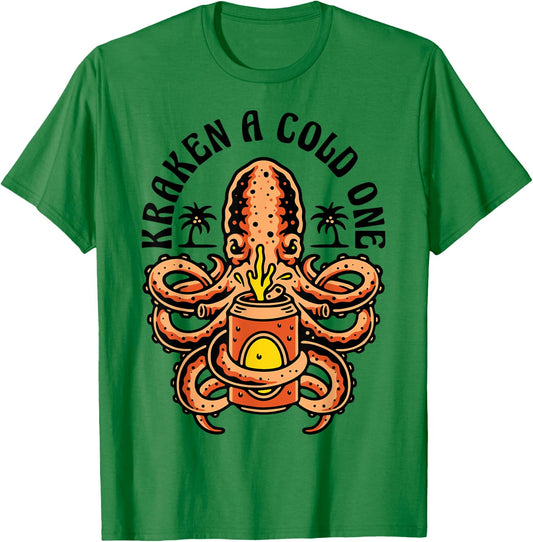 Island Beach Style Kraken a Cold One Octopus Beer Vacation T-Shirt - T-Shirt | Irish Green