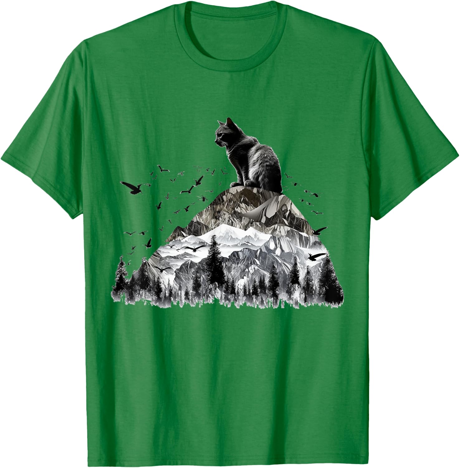 Cat Mountains Bird Artwork | Animal Motif Cat T-Shirt - T-Shirt | Irish Green