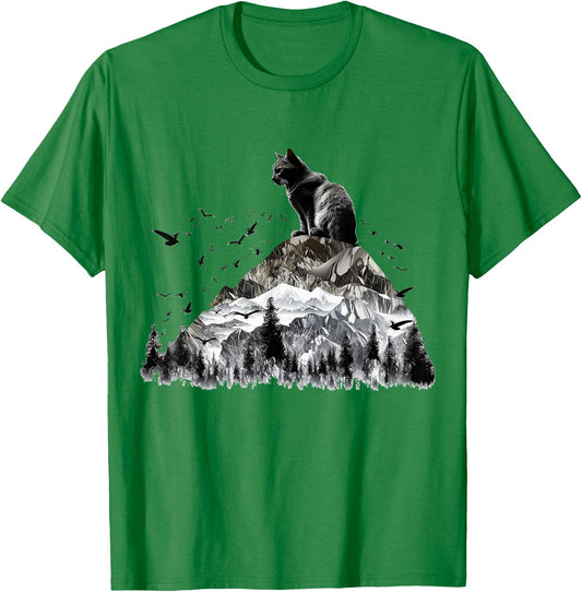 Cat Mountains Bird Artwork | Animal Motif Cat T-Shirt - T-Shirt | Irish Green