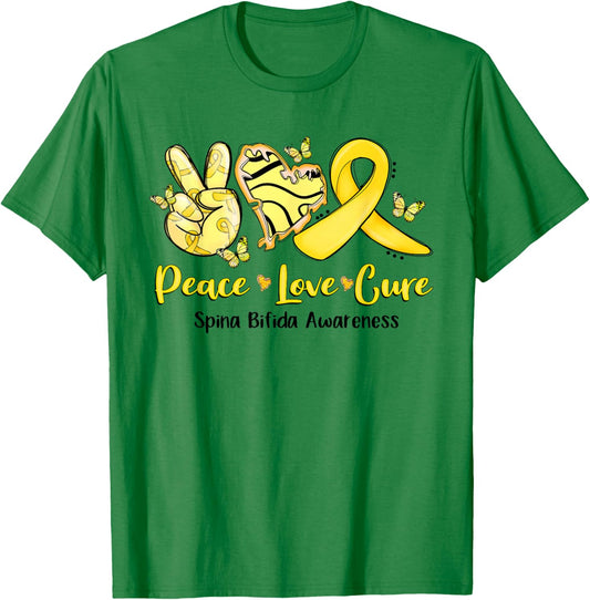 Peace Love Cure Yellow Ribbon Spina Bifida Awareness T-Shirt - T-Shirt | Irish Green
