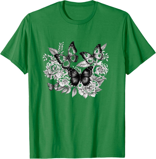 Cottagecore aesthetic black white Cute butterflies T-Shirt - T-Shirt | Irish Green