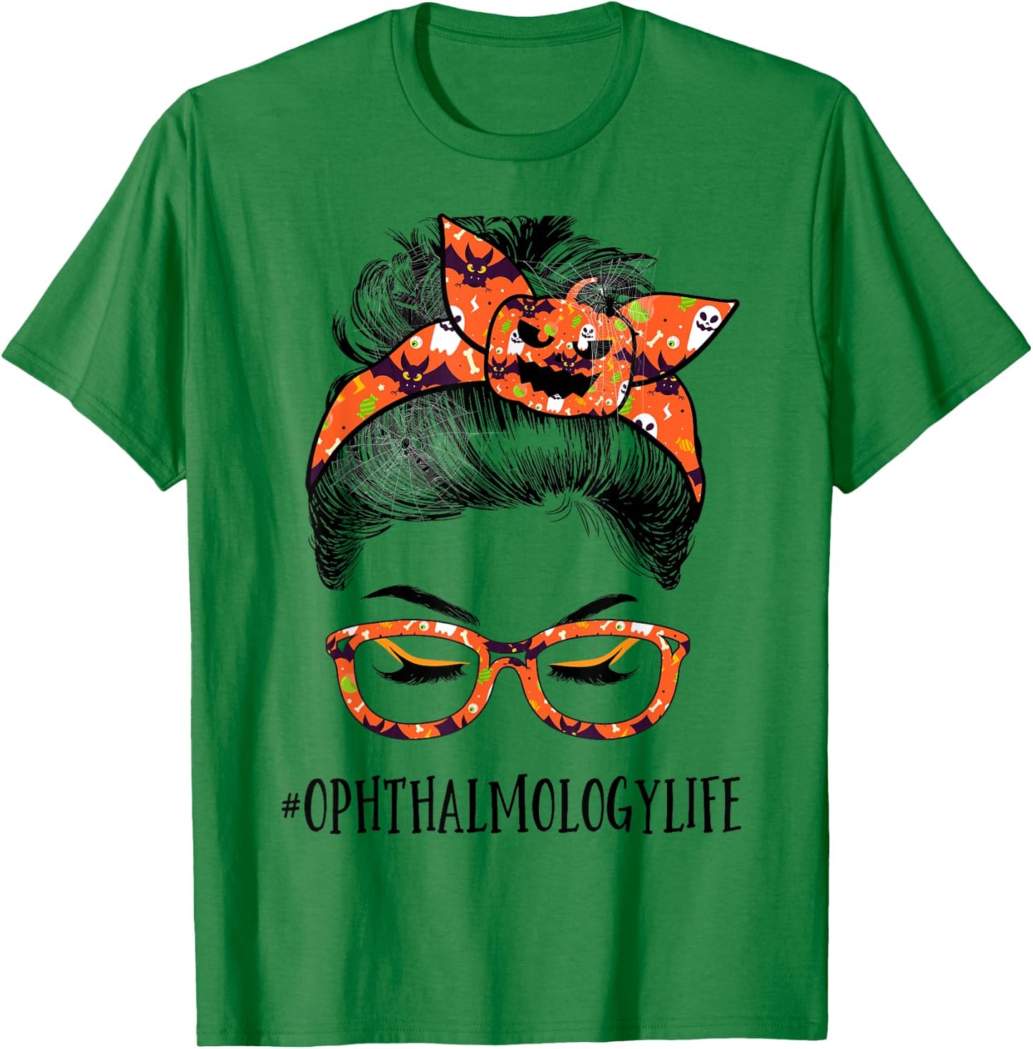 Ophthalmology Women Messy bun Pumpkin Halloween Spider T-Shirt - T-Shirt | Irish Green