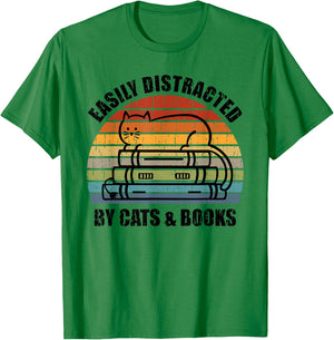Easily Distracted by Cats and Books - Retro Cat & Book Lover T-Shirt - T-Shirt | Irish Green