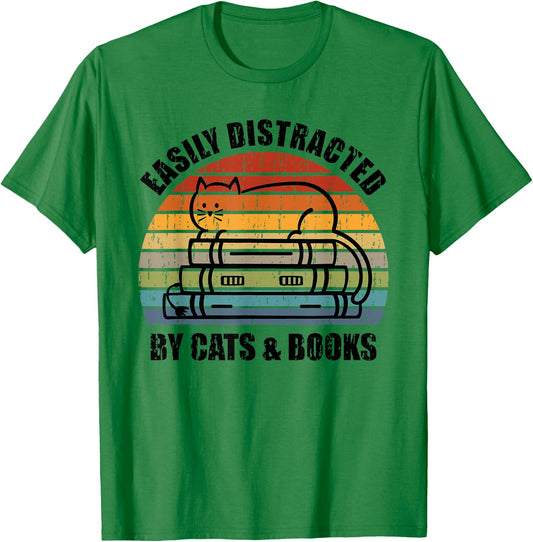 Easily Distracted by Cats and Books - Retro Cat & Book Lover T-Shirt - T-Shirt | Irish Green
