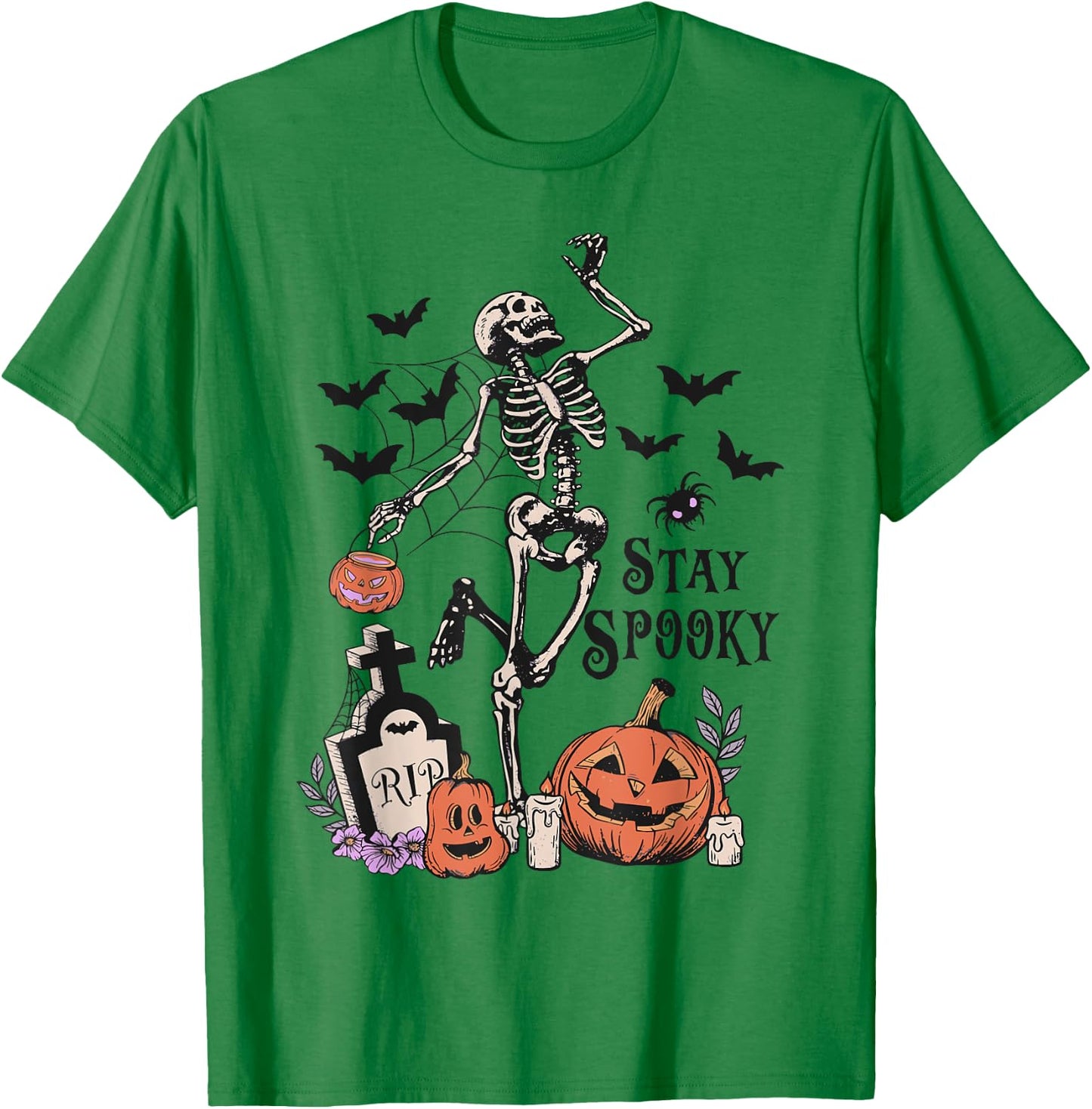 Dancing Skeleton Pumpkin Bat Tombstone Spooky Halloween T-Shirt - T-Shirt | Irish Green