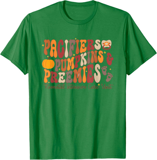 Retro Pacifiers Pumpkins Preemies Thanksgiving NICU Nurse T-Shirt - T-Shirt | Irish Green