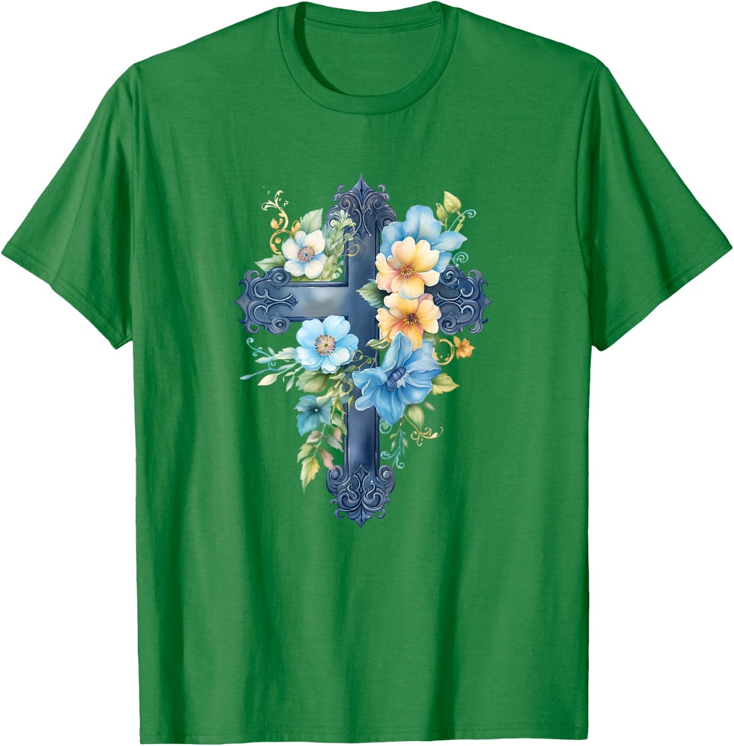 Catholic Watercolor Cross Graphic Women Floral Aesthetic T-Shirt - T-Shirt | Irish Green