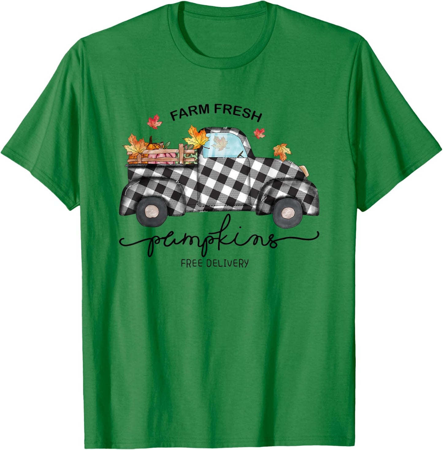 Farm Fresh Pumpkins Autumn Leaves Truck Buffalo Plaid Fall T-Shirt - T-Shirt | Irish Green