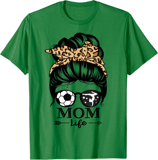Mom Life Messy Bun Hair Funny Soccer Gymnastics Mom T-Shirt - T-Shirt | Irish Green