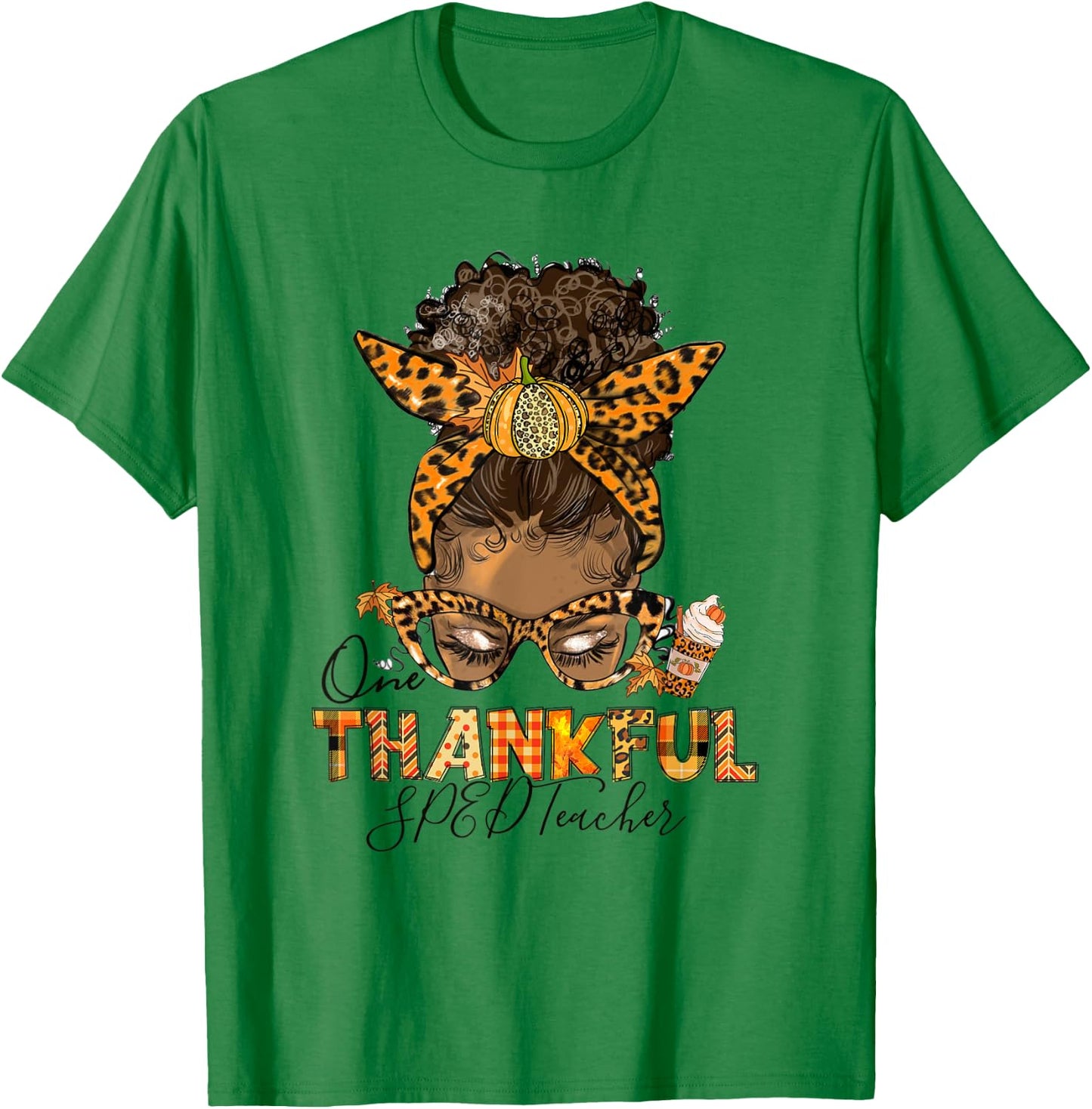 One Thankful SPED Teacher Messy Bun Thanksgiving Afro Women T-Shirt - T-Shirt | Irish Green