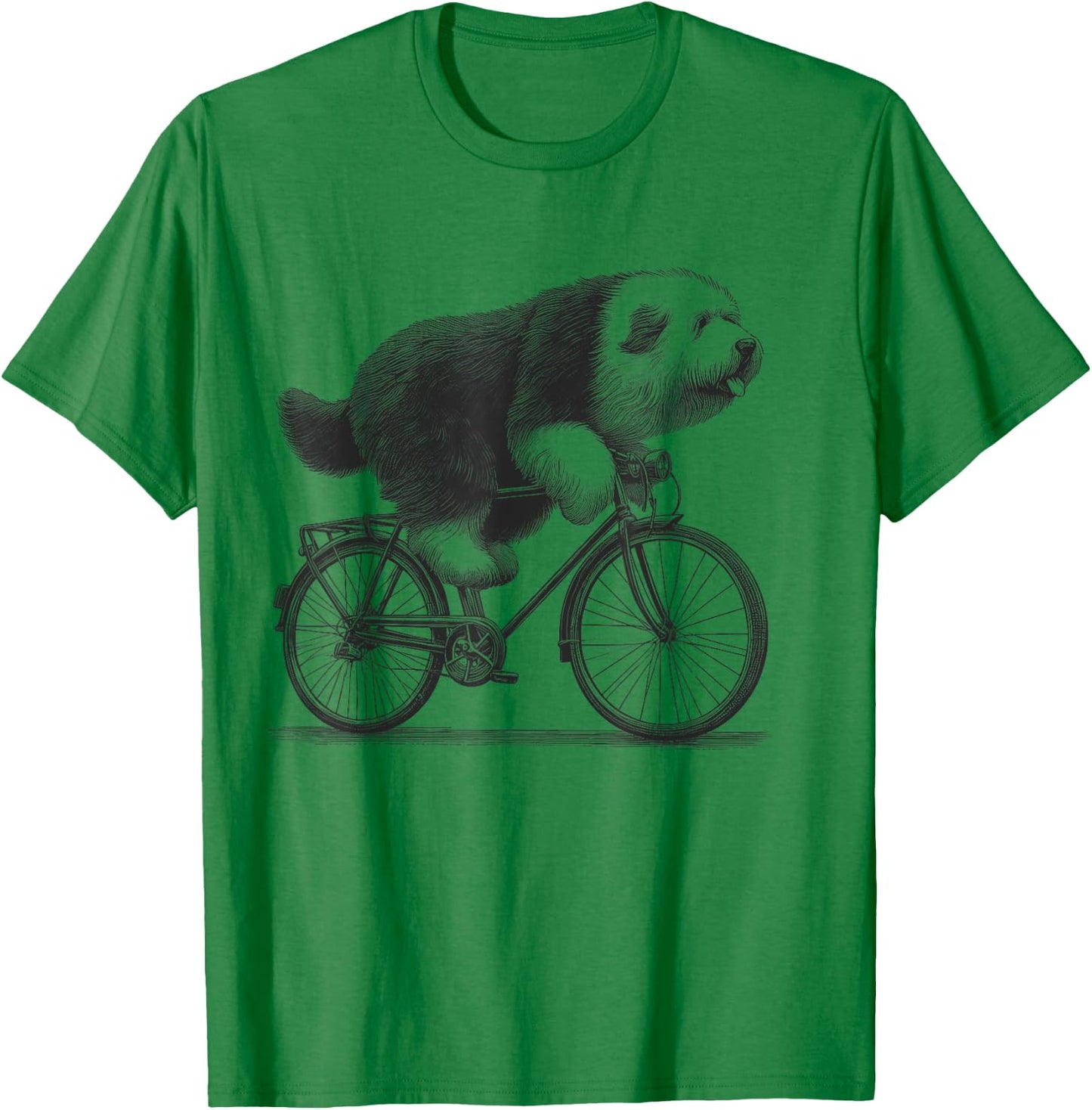 Old English Sheepdog Dog Riding a Bike Bicycle Biker Cycling T-Shirt - T-Shirt | Irish Green
