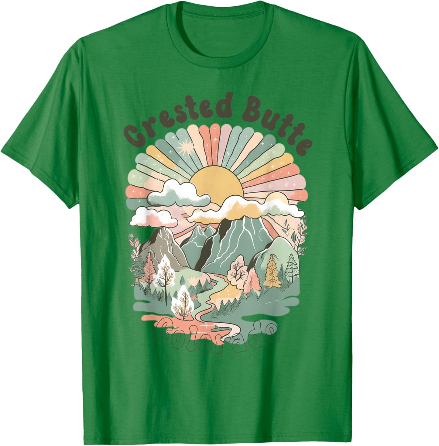 Vintage Crested Butte Mountains Colorado Sunset Groovy T-Shirt - T-Shirt | Irish Green