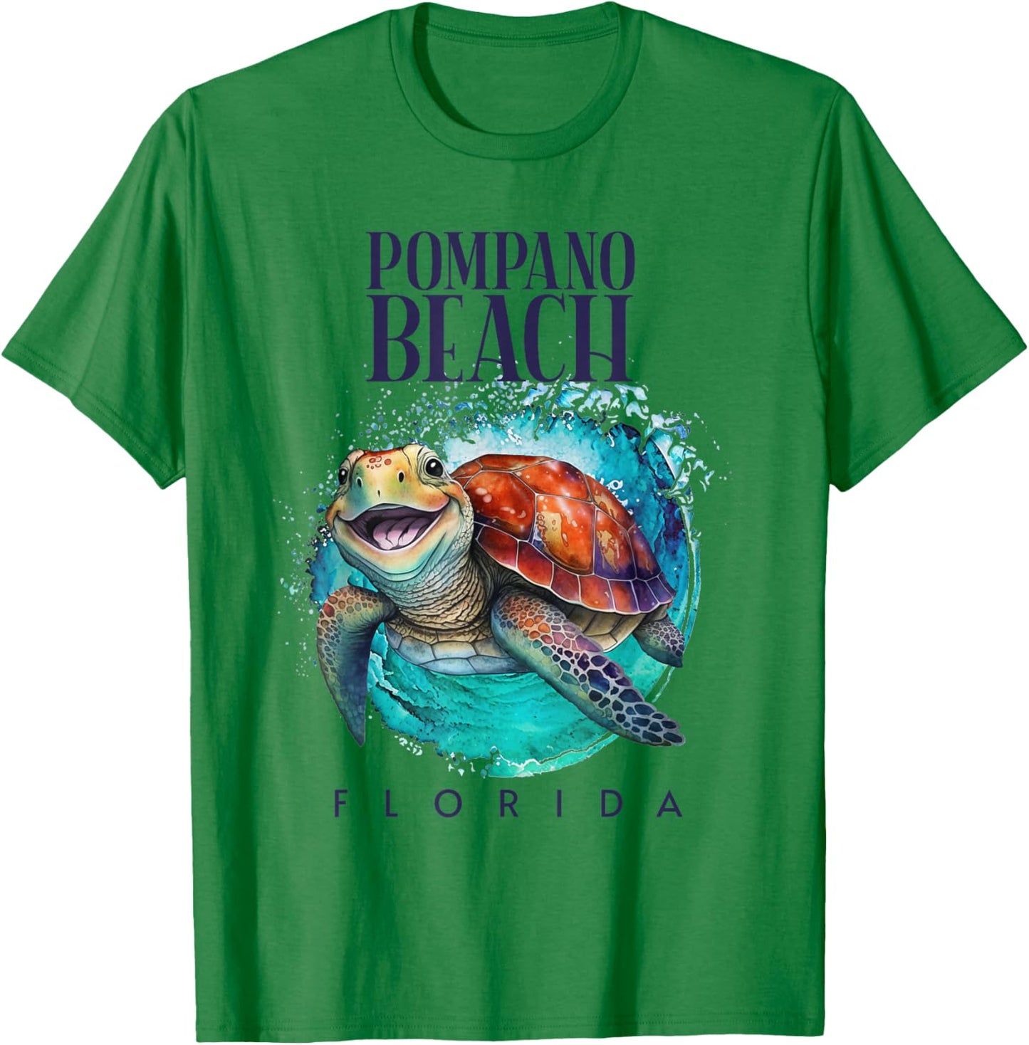 Pompano Beach Florida Watercolor Happy Sea Turtle T-Shirt - T-Shirt | Irish Green