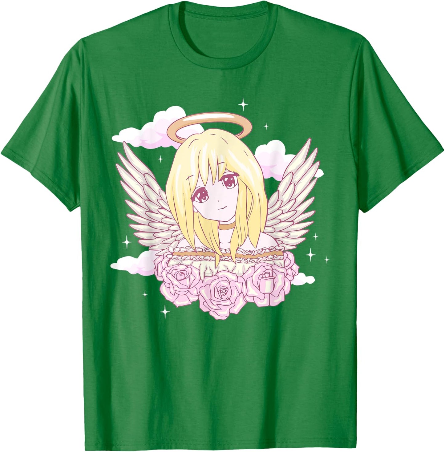 Angelcore Aesthetic Anime Girl Roses Angel Halo T-Shirt - T-Shirt | Irish Green