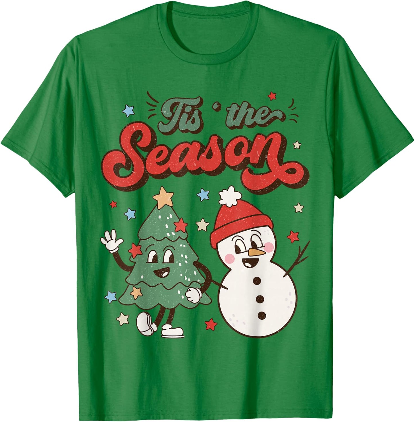 Vintage Christmas Tis The Season Christmas Tree Snowman T-Shirt - T-Shirt | Irish Green