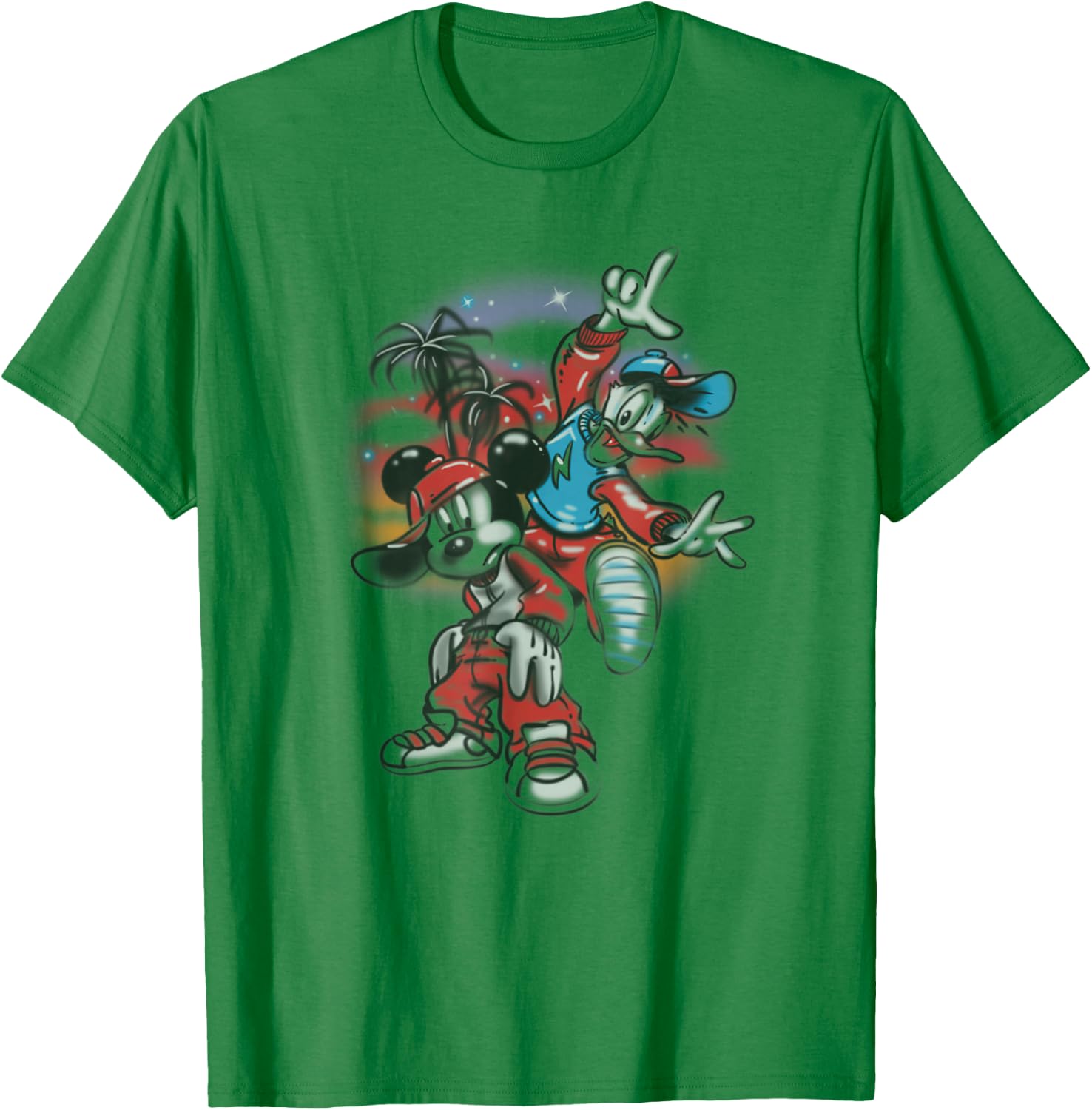 Disney Mickey And Friends Air Brush Graffiti Mickey & Donald T-Shirt - T-Shirt | Irish Green