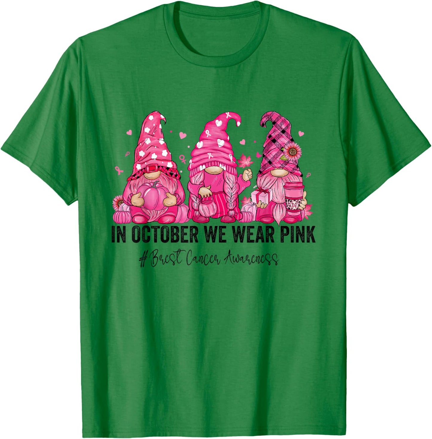 In October We Wear Pink Gnomes Breast Cancer Awareness T-Shirt - T-Shirt | Irish Green