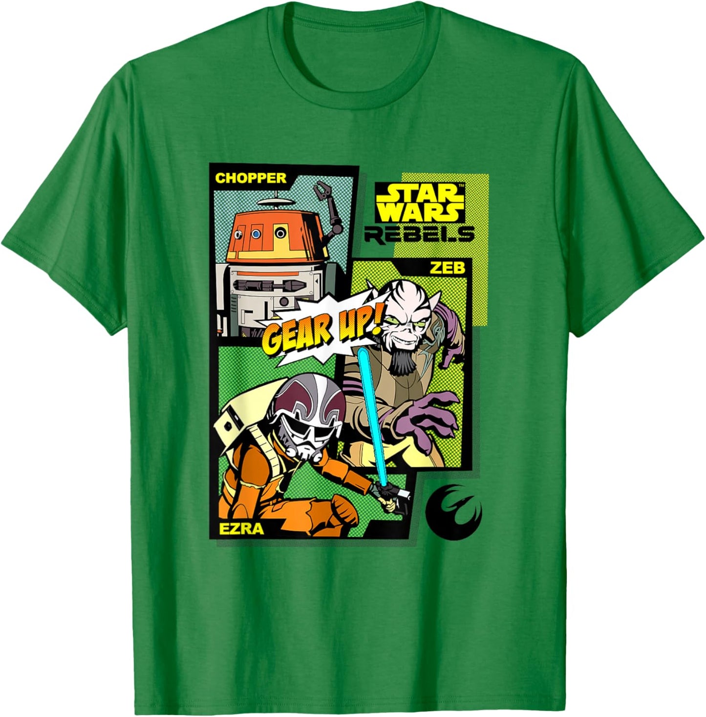 Star Wars Rebels Gear Up! Chopper Ezra & Zeb Comic Panels T-Shirt - T-Shirt | Irish Green