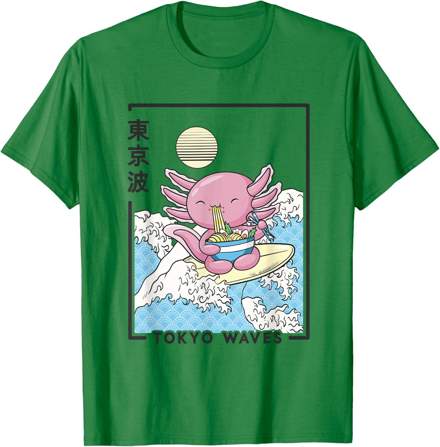 Axolotl Eating Ramen Japanese Waves Kids Kawaii Aesthetic T-Shirt - T-Shirt | Irish Green