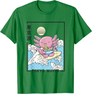 Axolotl Eating Ramen Japanese Waves Kids Kawaii Aesthetic T-Shirt - T-Shirt | Irish Green